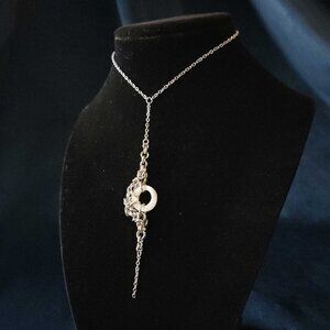 Whimsical gothic witch moon crescent silver & mother-of-pearl chainmail necklace